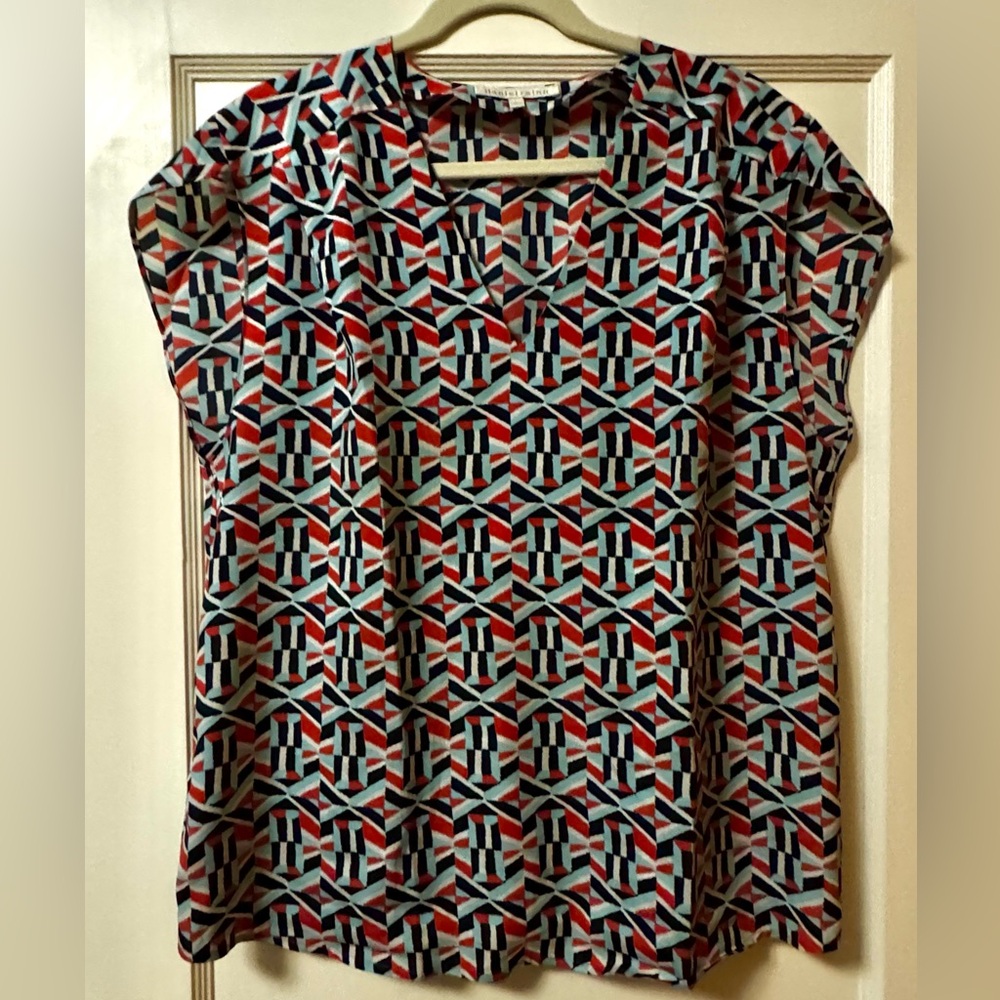 Daniel Rainn Fushia, Navy, Teal Geometric Blouse